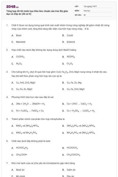 Tổng hợp đề thi minh họa Hóa Hoc chuẩn cấu trúc Bộ giáo dục có đáp án (đề số 6)