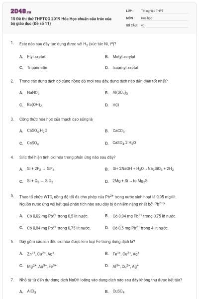 15 Đề thi thử THPTQG 2019 Hóa Học chuẩn cấu trúc của bộ giáo dục (Đề số 11)