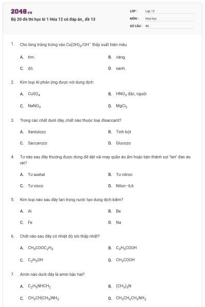 Bộ 20 đề thi học kì 1 Hóa 12 có đáp án_ đề 13