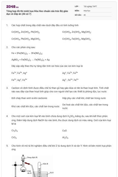 Tổng hợp đề thi minh họa Hóa Hoc chuẩn cấu trúc Bộ giáo dục có đáp án (đề số 7)