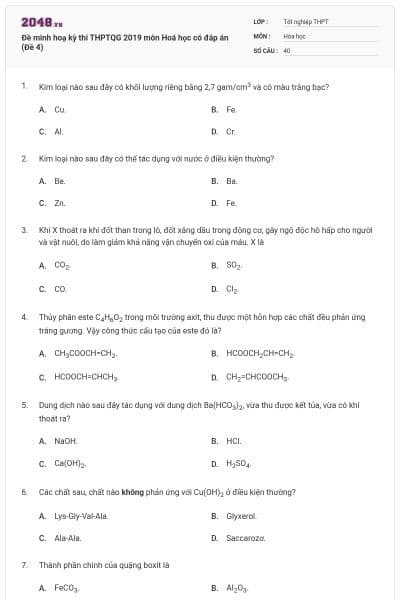 Đề minh hoạ kỳ thi THPTQG 2019 môn Hoá học có đáp án (Đề 4)