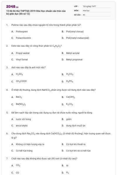 15 Đề thi thử THPTQG 2019 Hóa Học chuẩn cấu trúc của bộ giáo dục (Đề số 12)