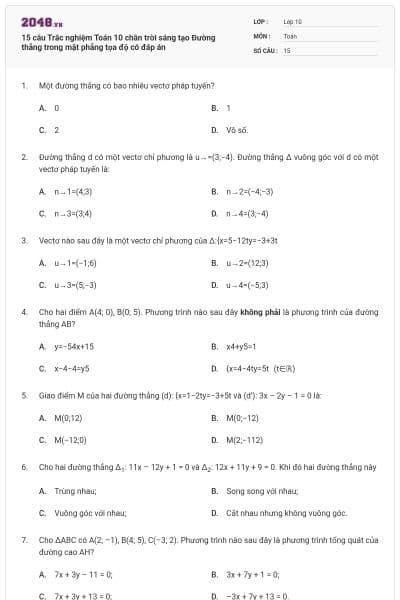 15 câu  Trắc nghiệm Toán 10 chân trời sáng tạo Đường thẳng trong mặt phẳng tọa độ có đáp án