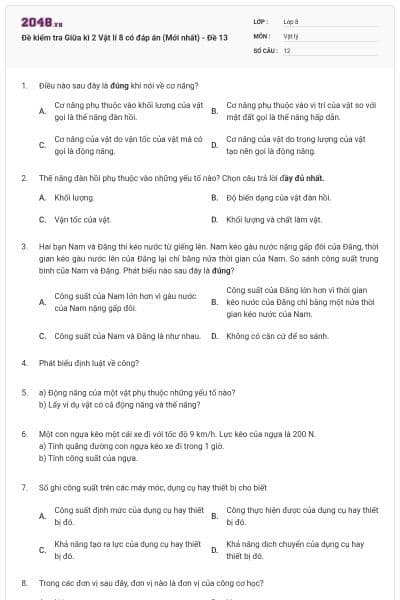 Đề kiểm tra Giữa kì 2 Vật lí 8 có đáp án (Mới nhất) - Đề 13