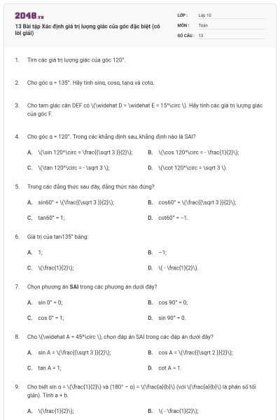 13 Bài tập Xác định giá trị lượng giác của góc đặc biệt (có lời giải)