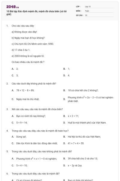 10 Bài tập Xác định mệnh đề, mệnh đề chứa biến (có lời giải)
