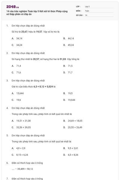 14 câu trắc nghiệm Toán lớp 5 Kết nối tri thức Phép cộng số thập phân có đáp án