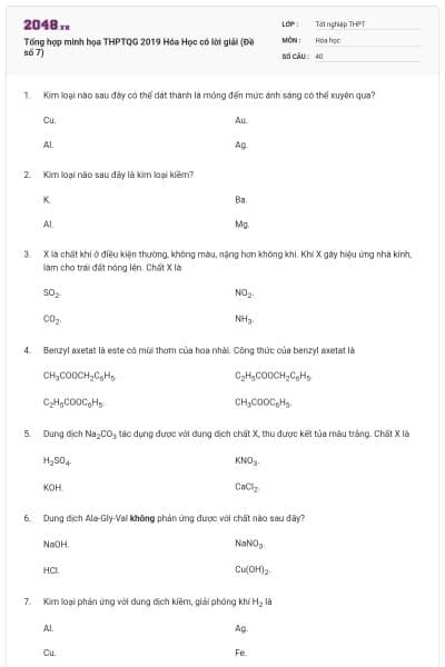 Tổng hợp minh họa THPTQG 2019 Hóa Học có lời giải (Đề số 7)