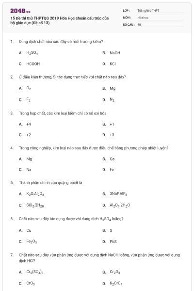 15 Đề thi thử THPTQG 2019 Hóa Học chuẩn cấu trúc của bộ giáo dục (Đề số 13)