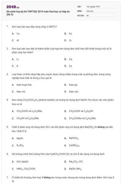 Đề minh hoạ kỳ thi THPTQG 2019 môn Hoá học có đáp án (Đề 3)