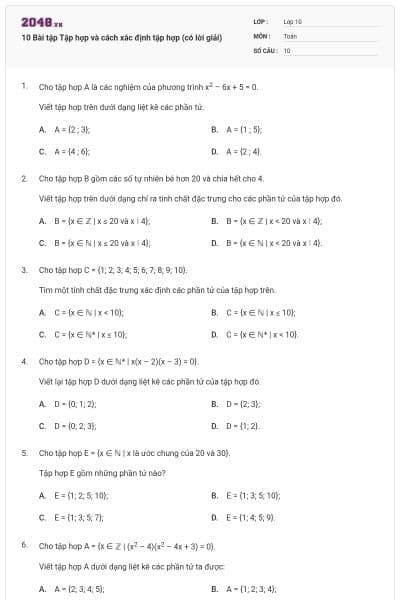 10 Bài tập Tập hợp và cách xác định tập hợp (có lời giải)