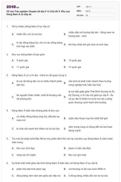 59 câu Trắc nghiệm Chuyên đề Địa lí 12 Chủ đề 9: Khu vực Đông Nam Á có đáp án