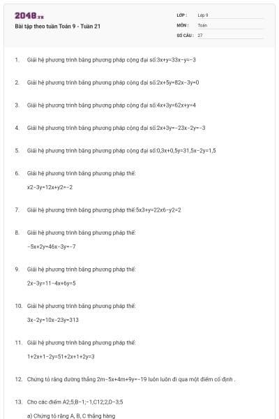 Bài tập theo tuần Toán 9 - Tuần 21