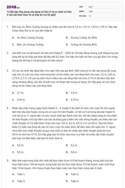 12 Bài tập Ứng dụng của dạng số hữu tỉ và so sánh số hữu tỉ vào bài toán thực tế có đáp án (có lời giải)