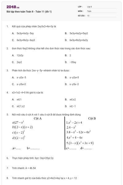 Bài tập theo tuần Toán 8 - Tuần 11 (đề 1)