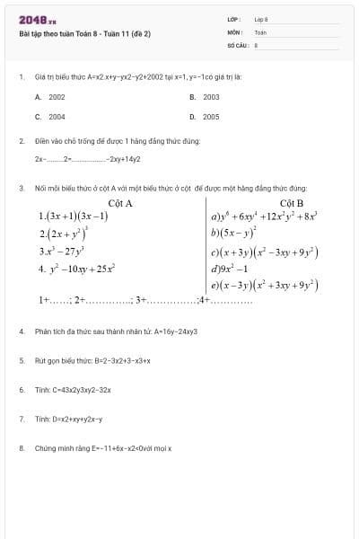 Bài tập theo tuần Toán 8 - Tuần 11 (đề 2)
