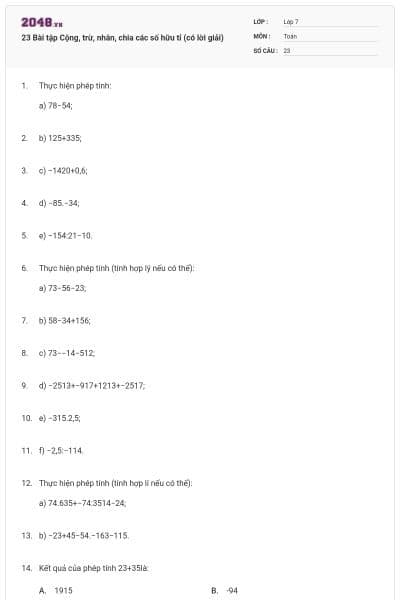 23 Bài tập Cộng, trừ, nhân, chia các số hữu tỉ (có lời giải)