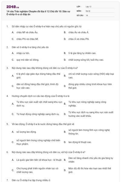 14 câu Trắc nghiệm Chuyên đề Địa lí 12 Chủ đề 10: Dân cư Ô-xtrây-li-a có đáp án