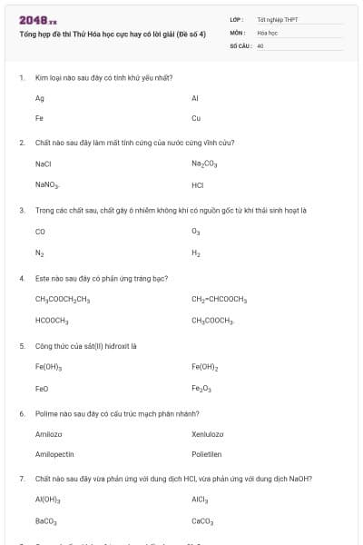 Tổng hợp đề thi Thử Hóa học cực hay có lời giải (Đề số 4)