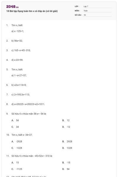 18 Bài tập Dạng toán tìm x có đáp án (có lời giải)