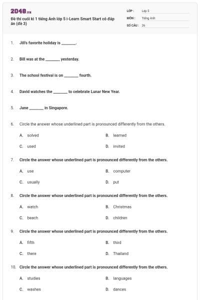 Đề thi cuối kì 1 tiếng Anh lớp 5 i-Learn Smart Start có đáp án (đề 3)