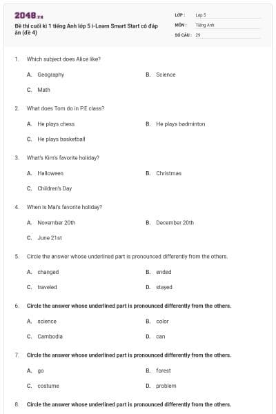 Đề thi cuối kì 1 tiếng Anh lớp 5 i-Learn Smart Start có đáp án (đề 4)