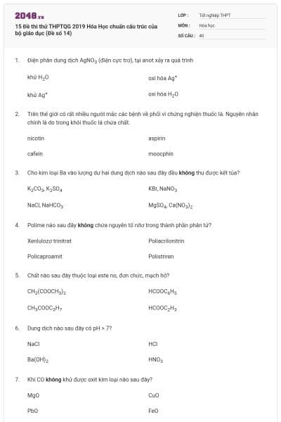 15 Đề thi thử THPTQG 2019 Hóa Học chuẩn cấu trúc của bộ giáo dục (Đề số 14)
