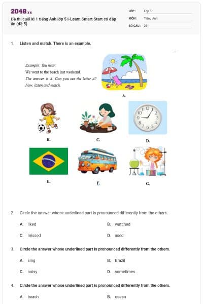Đề thi cuối kì 1 tiếng Anh lớp 5 i-Learn Smart Start có đáp án (đề 5)
