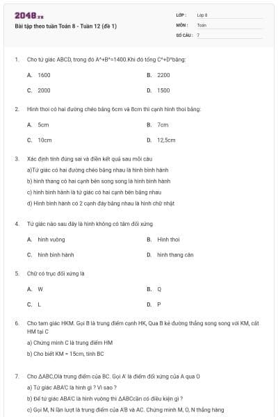 Bài tập theo tuần Toán 8 - Tuần 12 (đề 1)