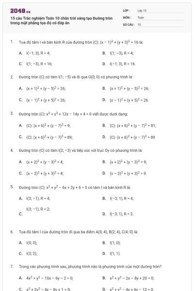 15 câu  Trắc nghiệm Toán 10 chân trời sáng tạo Đường tròn trong mặt phẳng tọa độ có đáp án