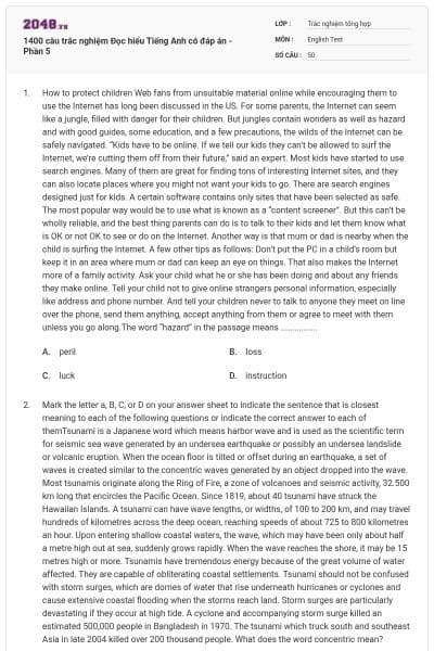 1400 câu trắc nghiệm Đọc hiểu Tiếng Anh có đáp án - Phần 5