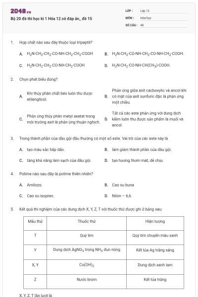 Bộ 20 đề thi học kì 1 Hóa 12 có đáp án_ đề 15