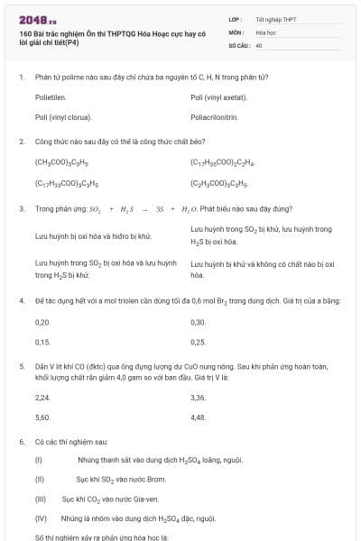 160 Bài trắc nghiệm Ôn thi THPTQG Hóa Hoạc cực hay có lời giải chi tiết(P4)