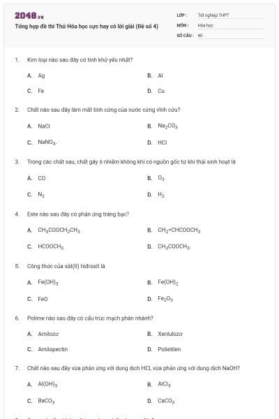 Tổng hợp đề thi Thử Hóa học cực hay có lời giải (Đề số 4)