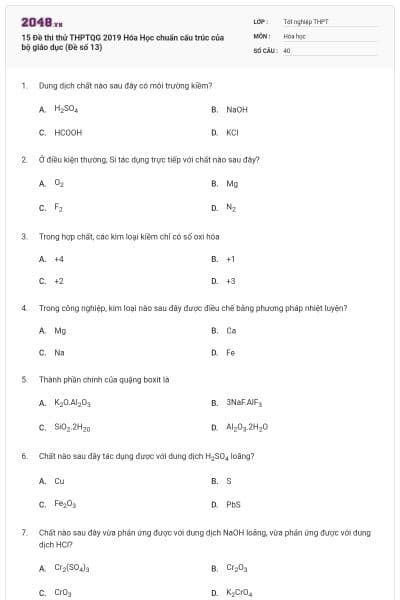 15 Đề thi thử THPTQG 2019 Hóa Học chuẩn cấu trúc của bộ giáo dục (Đề số 13)