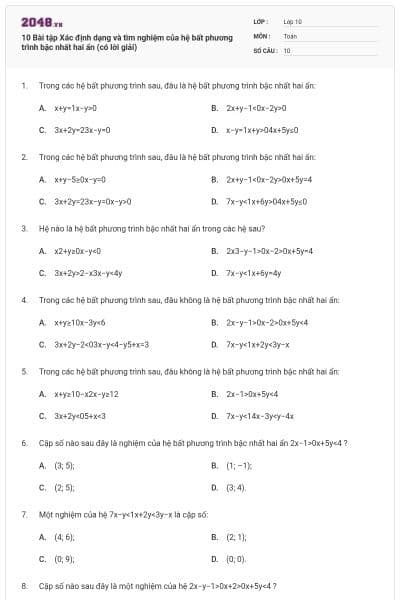 10 Bài tập Xác định dạng và tìm nghiệm của hệ bất phương trình bậc nhất hai ẩn (có lời giải)