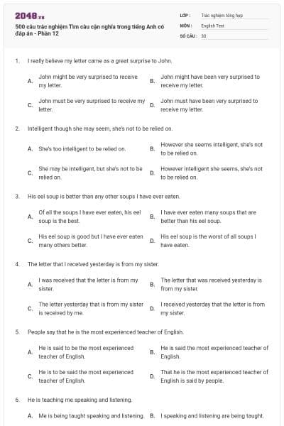 500 câu trắc nghiệm Tìm câu cận nghĩa trong tiếng Anh có đáp án - Phần 12