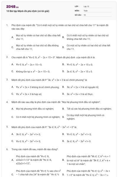 10 Bài tập Mệnh đề phủ định (có lời giải)