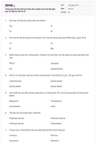 Tổng hợp đề thi minh họa Hóa Hoc chuẩn cấu trúc Bộ giáo dục có đáp án (đề số 8)