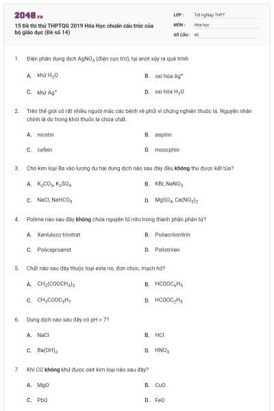 15 Đề thi thử THPTQG 2019 Hóa Học chuẩn cấu trúc của bộ giáo dục (Đề số 14)