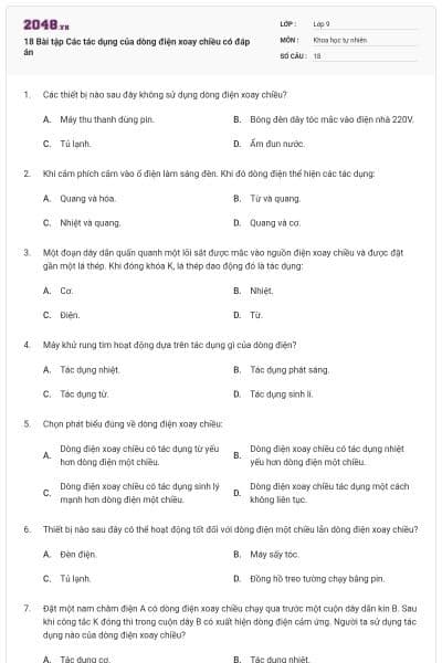 18 Bài tập Các tác dụng của dòng điện xoay chiều có đáp án