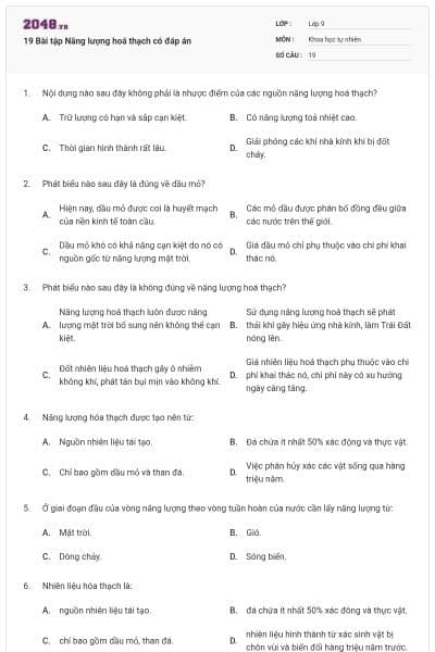 19 Bài tập Năng lượng hoá thạch có đáp án