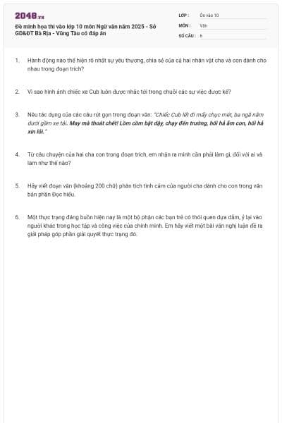 Đề minh họa thi vào lớp 10 môn Ngữ văn năm 2025 - Sở GD&ĐT Bà Rịa - Vũng Tàu có đáp án