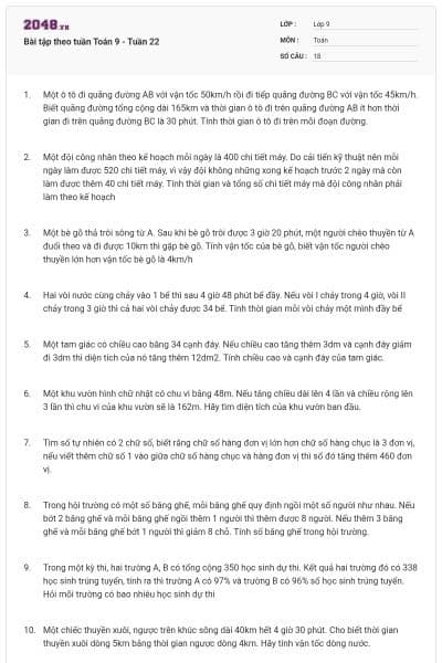 Bài tập theo tuần Toán 9 - Tuần 22