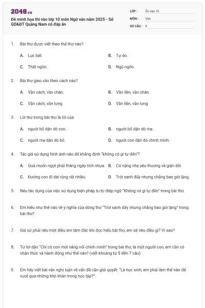 Đề minh họa thi vào lớp 10 môn Ngữ văn năm 2025 - Sở GD&ĐT Quảng Nam có đáp án