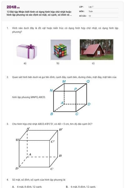 13 Bài tập Nhận biết hình có dạng hình hộp chữ nhật hoặc hình lập phương và xác định số mặt, số cạnh, số đỉnh và độ dài cạnh của hình hộp chữ nhật, hình lập phương (có lời giải)