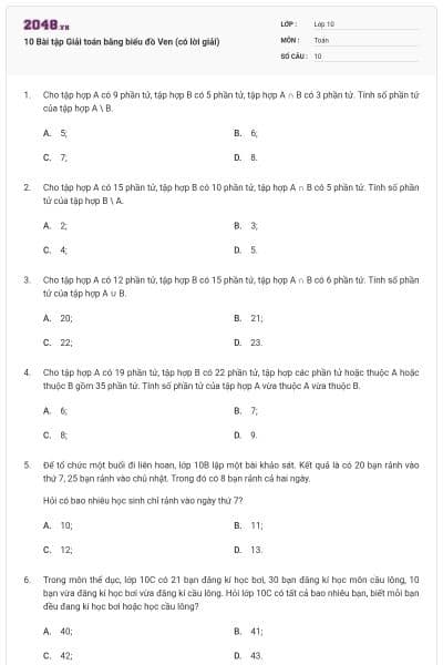 10 Bài tập Giải toán bằng biểu đồ Ven (có lời giải)