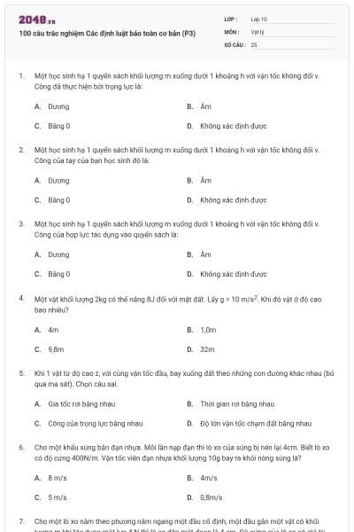 100 câu trắc nghiệm Các định luật bảo toàn cơ bản (P3)