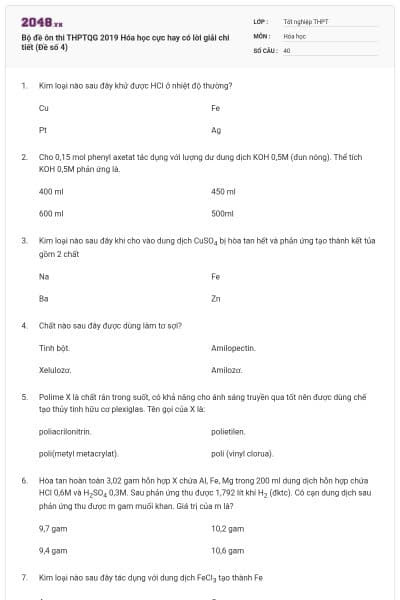 Bộ đề ôn thi THPTQG 2019 Hóa học cực hay có lời giải chi tiết (Đề số 4)