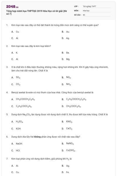 Tổng hợp minh họa THPTQG 2019 Hóa Học có lời giải (Đề số 7)